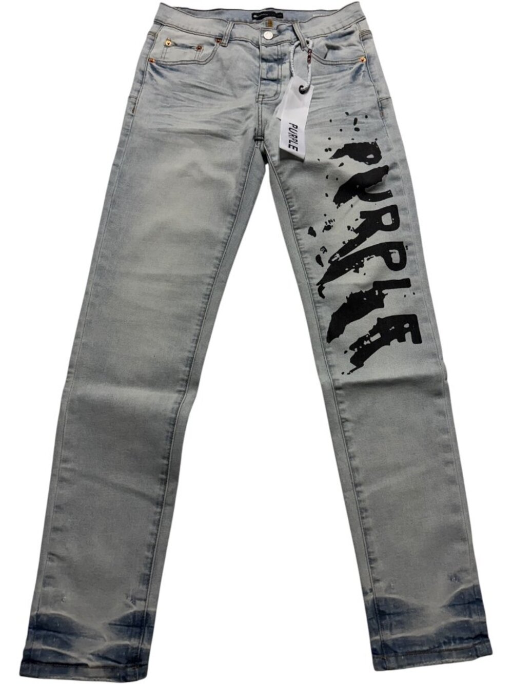NWT Purple Brand P001 Dropped FLT Logo Print Jeans Light Wash Denim Size 31